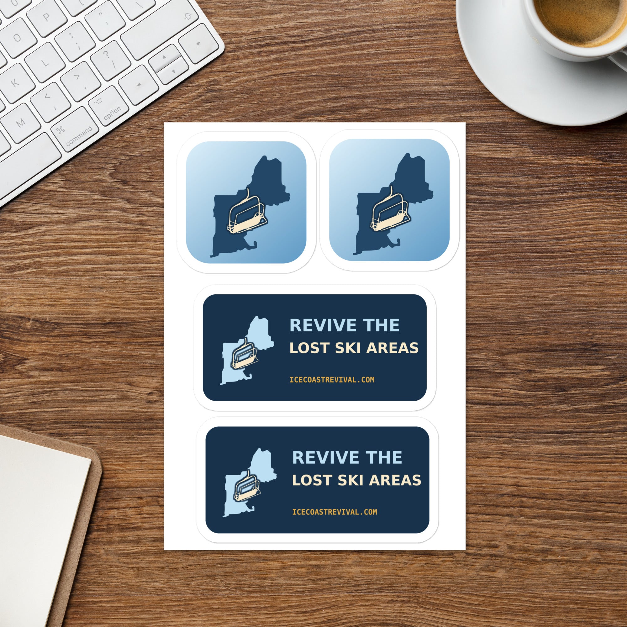 Ice Coast Revival sticker sheet on a desk with chairlift marks and Revive the Lost Ski Areas banners