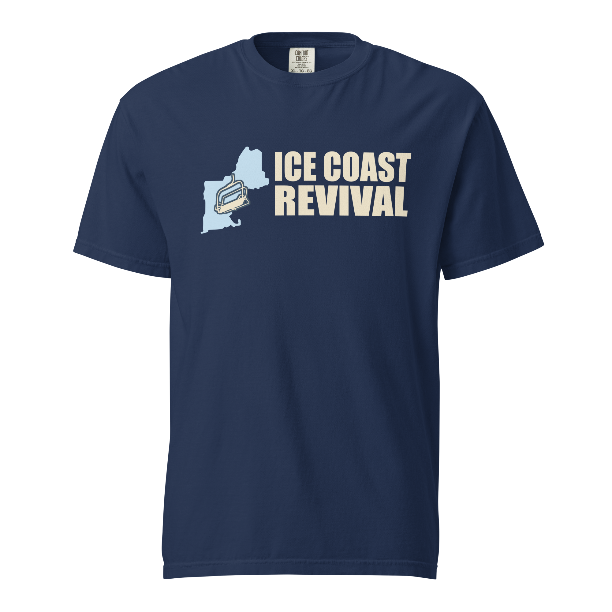 Dark navy Ice Coast Revival T-shirt with a pale blue New England chairlift mark and cream wordmark